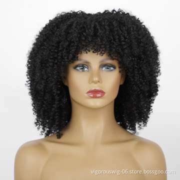 Dropshipping For Women Afro Kinky Cury Short Bangs Black Color Bob Style Pixie Cut Wigs Synthetic None Lace Heat Resistant